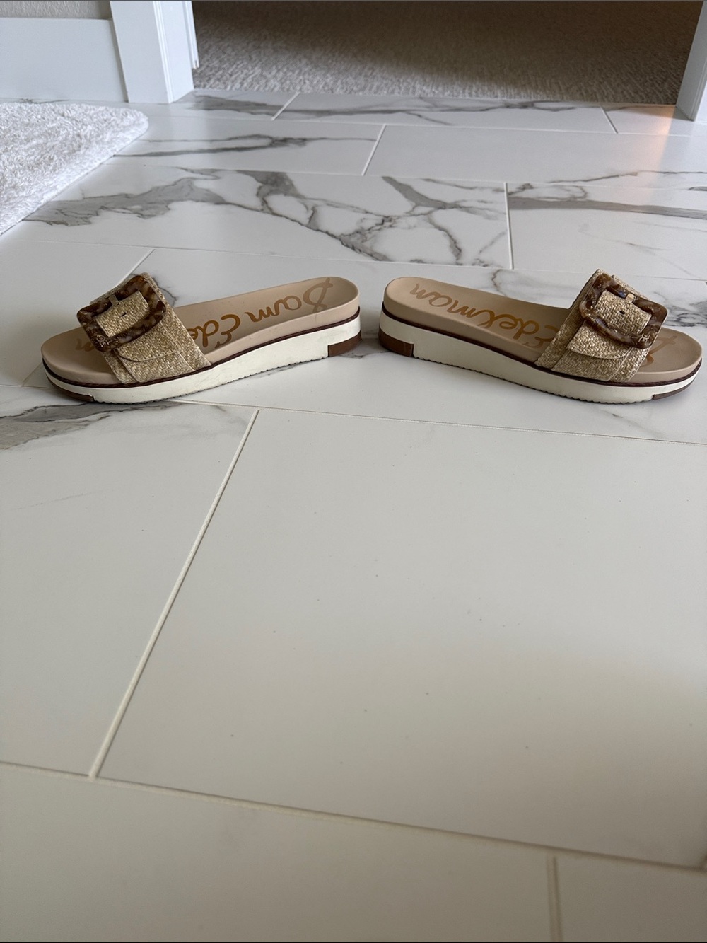 Sam Edelman Tan Raffia Slide Sandals with Tortoiseshell Buckles - Picture 3 of 4